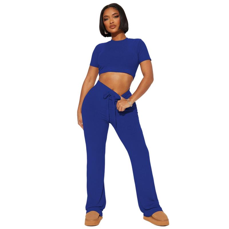 Blue Short Sleeve O Neck Crop Tops Two Pieces Long Pant Sets Dress