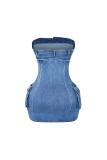 Blue Denim Off Shoulder Zipper Button Jeans Mini Dress