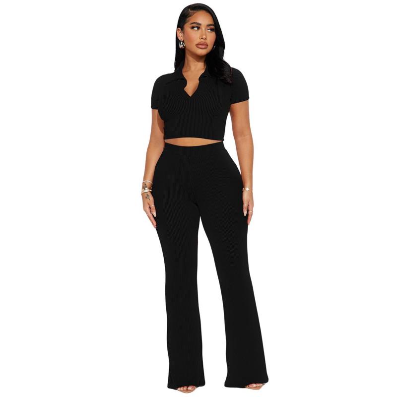 Black Short Sleeve Thread Crop Tops Two Pieces Pant Sets Dress