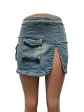 Blue Cut Out Pockets Jeans Women Short Dress