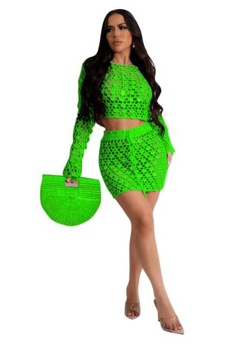 Green Sequins Long Sleeve Knitting Crop Tops Sexy Hollow Pleated Skirt Dress