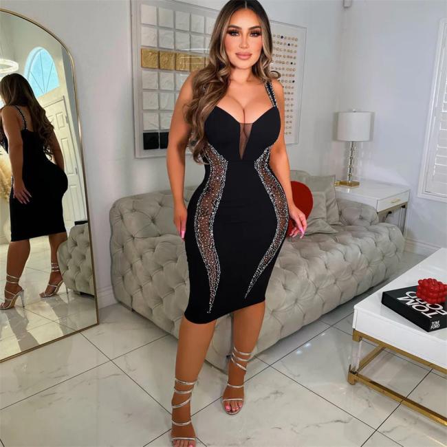 Black Sleeveless Low Cut Rhinestone Bodycon Mesh Midi Dress