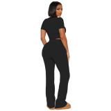 Black Short Sleeve O Neck Crop Tops Two Pieces Long Pant Sets Dress