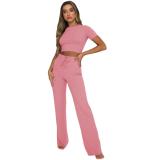 Pink Short Sleeve O Neck Crop Tops Two Pieces Long Pant Sets Dress