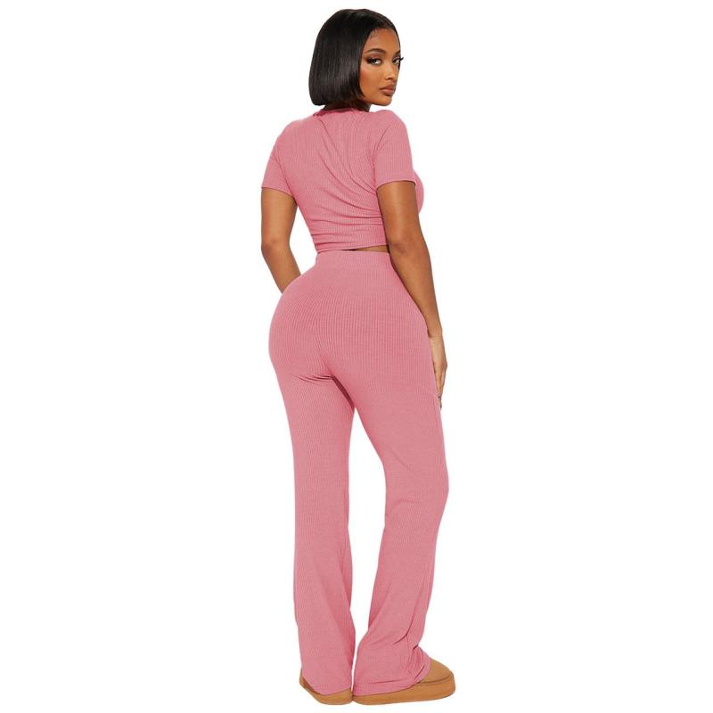Pink Short Sleeve O Neck Crop Tops Two Pieces Long Pant Sets Dress
