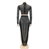 Black Rhinestone Two Pieces Long Sleeve Crop Tops Tassels Sexy Midi Dress