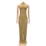Gold Sleeveless Halter Mesh Rhinestones Women Luxury Formal Maxi Dress