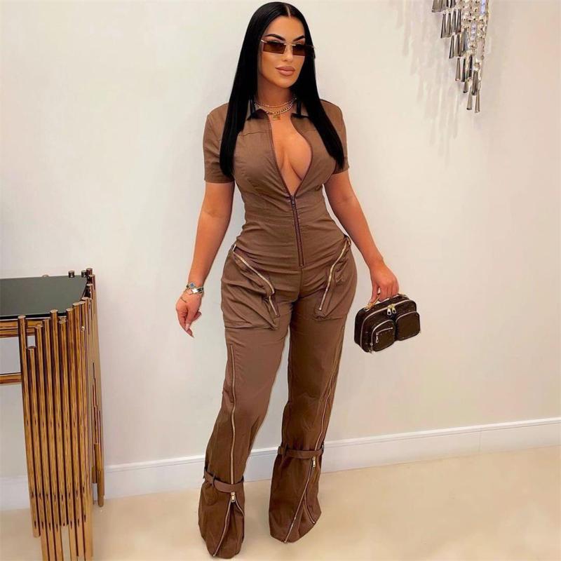 Coffee Short Sleeve Zipper V Neck Sexy Cargo Jumpsuit Rompers