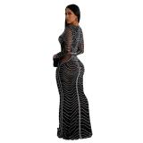 Black Long Sleeve Deep V Neck Luxury Mesh Rhinestone Formal Maxi Dress