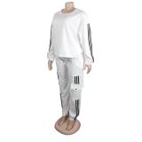 White Striped Long Sleeve Fashion Tops Sports Casual Pant Sets Dress
