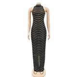 Black Sleeveless Halter Mesh Rhinestones Women Luxury Formal Maxi Dress