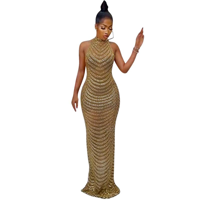 Gold Sleeveless Halter Mesh Rhinestones Women Luxury Formal Maxi Dress