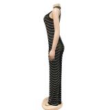 Black Sleeveless Halter Mesh Rhinestones Women Luxury Formal Maxi Dress