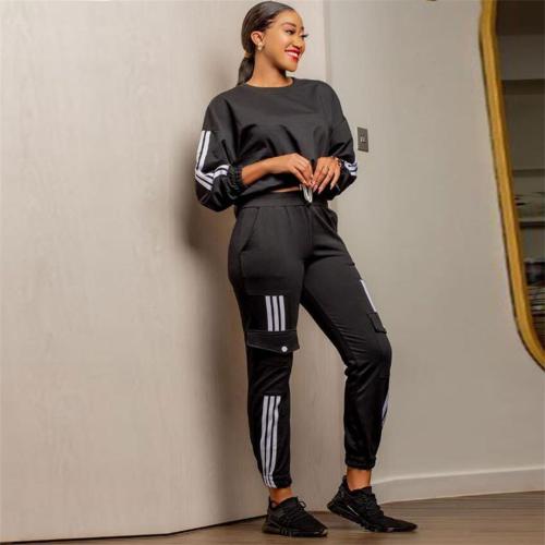 Black Striped Long Sleeve Fashion Tops Sports Casual Pant Sets Dress