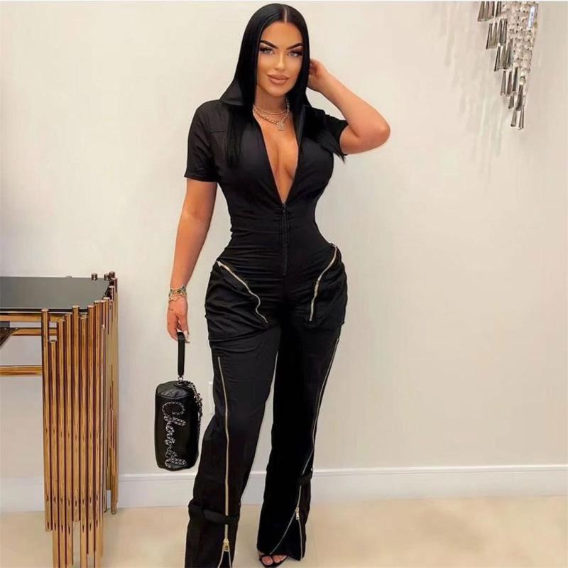 Black Short Sleeve Zipper V Neck Sexy Cargo Jumpsuit Rompers