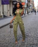 Army Green Short Sleeve Zipper V Neck Sexy Cargo Jumpsuit Rompers
