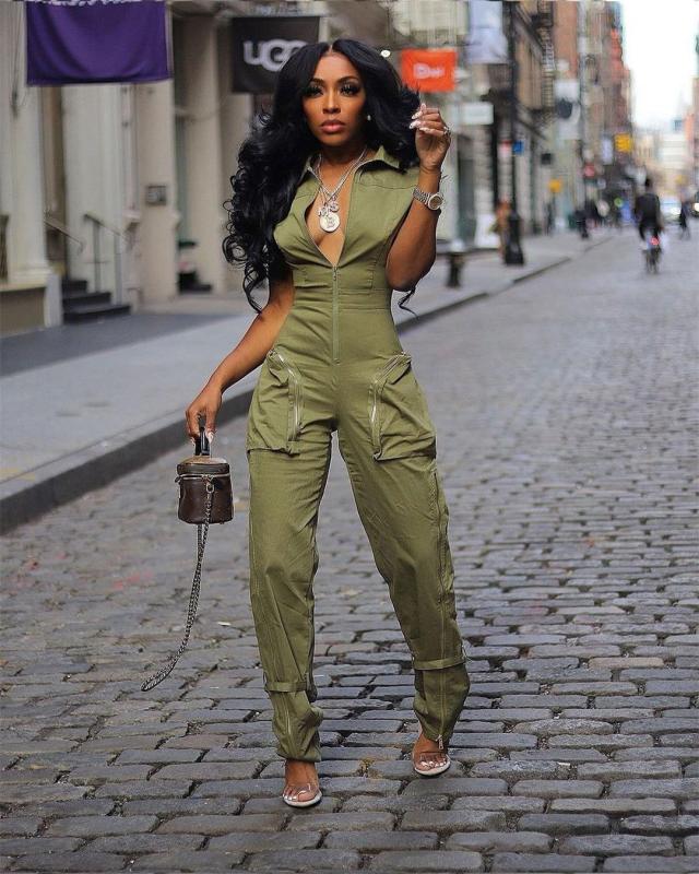 Army Green Short Sleeve Zipper V Neck Sexy Cargo Jumpsuit Rompers