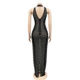 Black Sleeveless Halter Mesh Rhinestones Women Luxury Formal Maxi Dress