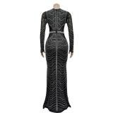 Black Long Sleeve Deep V Neck Luxury Mesh Rhinestone Formal Maxi Dress