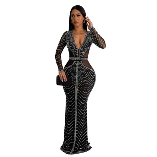 Black Long Sleeve Deep V Neck Luxury Mesh Rhinestone Formal Maxi Dress