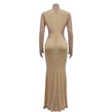 Beige Long Sleeve Deep V Neck Luxury Mesh Rhinestone Formal Maxi Dress