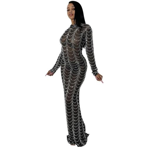 Black Luxury Long Sleeve Rhinestone See Through Women Prom Party Maxi Dress