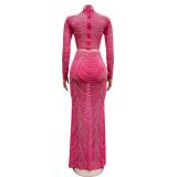 RoseRed Women's Diamond Long Sleeve Crop Tops Bodycon Sexy Maxi Dress Sets