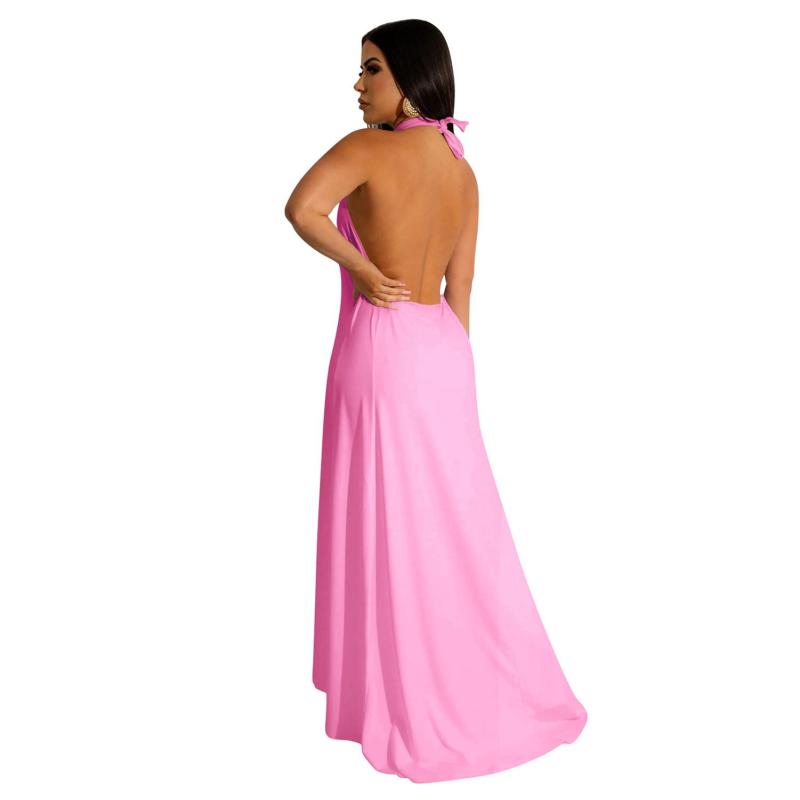 Pink Sexy Halter Hollow Out Backless Two Pieces Women Pant Sets Dress