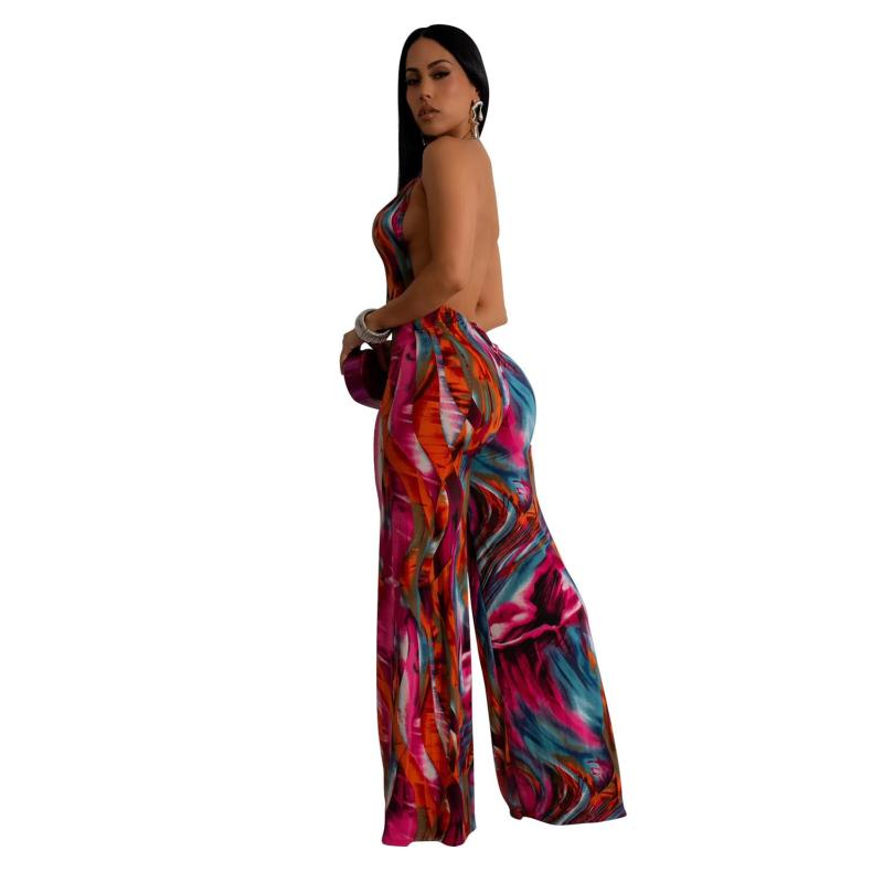 RoseRed Sleeveless Deep V Neck Printed Backless Women Jumpsuits