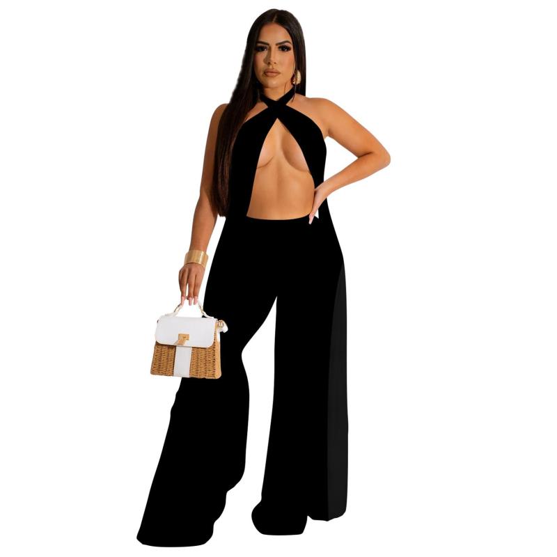 Black Sexy Halter Hollow Out Backless Two Pieces Women Pant Sets Dress