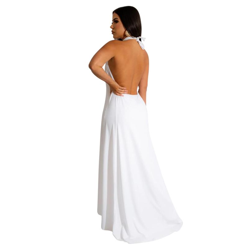 White Sexy Halter Hollow Out Backless Two Pieces Women Pant Sets Dress