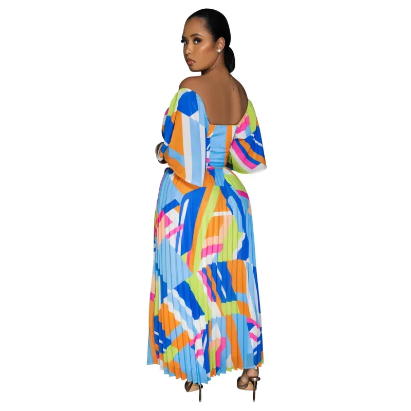 Blue Short Sleeve Low Cut V Neck Printed Fashion Pleated Floral Dress