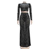 Black Women's Diamond Long Sleeve Crop Tops Bodycon Sexy Maxi Dress Sets