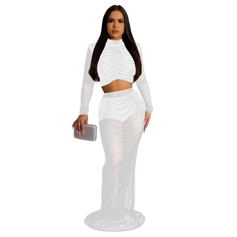 White Women's Diamond Long Sleeve Crop Tops Bodycon Sexy Maxi Dress Sets