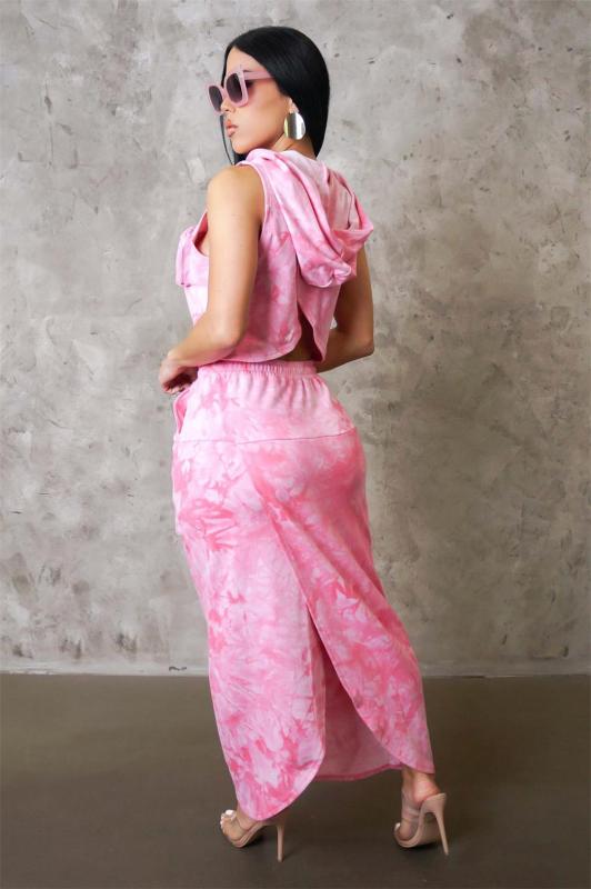 Pink Sleeveless Hooded Vest 2PCS Pleated Pocket Skirt Sets Dress