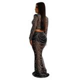 Black Women's Diamond Long Sleeve Crop Tops Bodycon Sexy Maxi Dress Sets