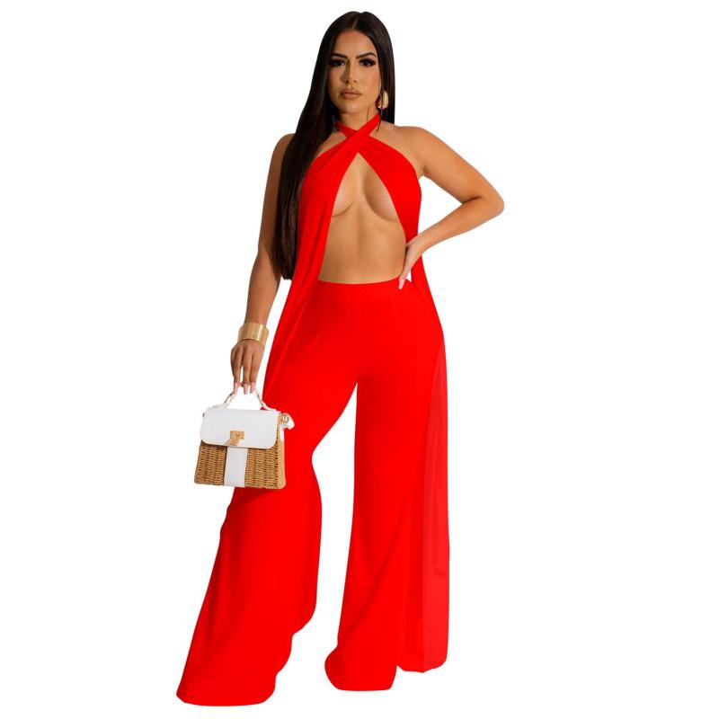 Red Sexy Halter Hollow Out Backless Two Pieces Women Pant Sets Dress