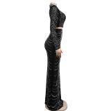Black Women's Diamond Long Sleeve Crop Tops Bodycon Sexy Maxi Dress Sets