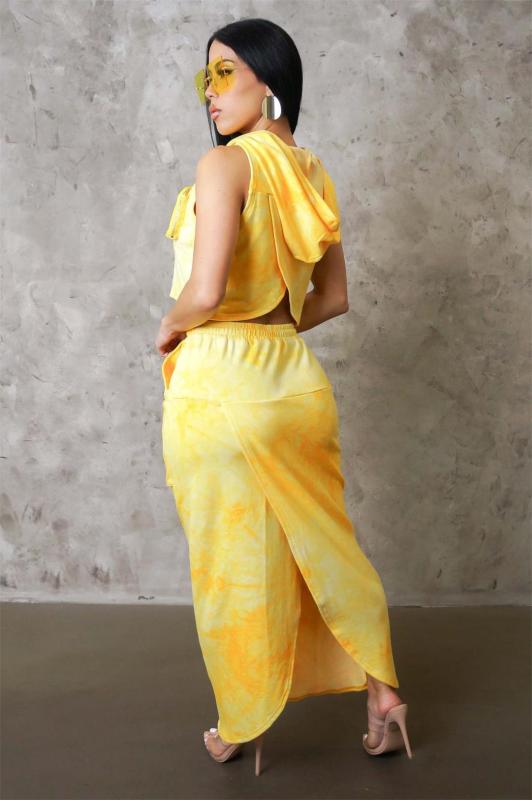 Yellow Sleeveless Hooded Vest 2PCS Pleated Pocket Skirt Sets Dress