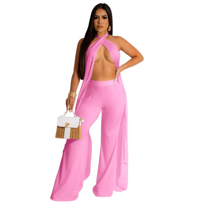 Pink Sexy Halter Hollow Out Backless Two Pieces Women Pant Sets Dress
