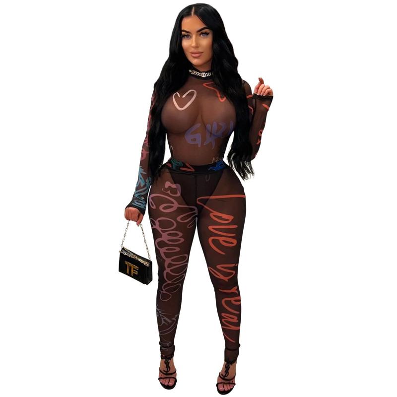 Black Mesh Long Sleeve Printed See Through Sexy Romper Jumpsuits