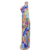 Blue Short Sleeve Low Cut V Neck Printed Fashion Pleated Floral Dress