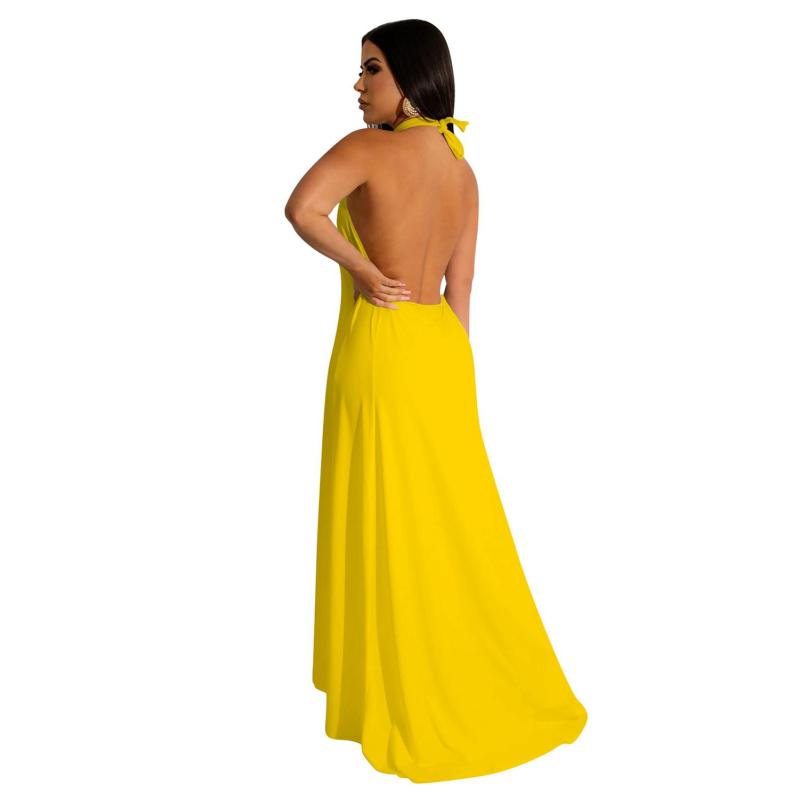 Yellow Sexy Halter Hollow Out Backless Two Pieces Women Pant Sets Dress