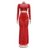 Red Women's Diamond Long Sleeve Crop Tops Bodycon Sexy Maxi Dress Sets
