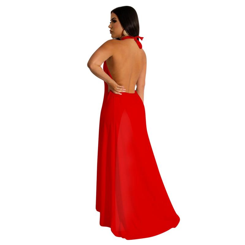 Red Sexy Halter Hollow Out Backless Two Pieces Women Pant Sets Dress