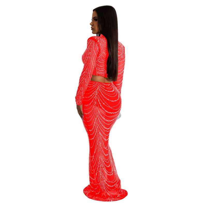 Red Women's Diamond Long Sleeve Crop Tops Bodycon Sexy Maxi Dress Sets
