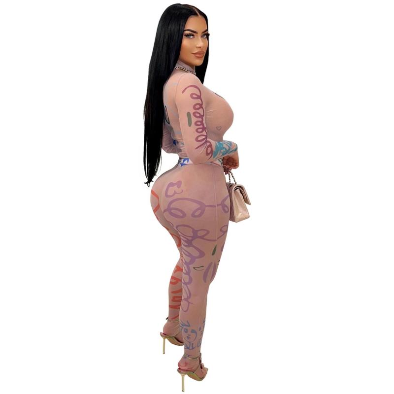 Pink Mesh Long Sleeve Printed See Through Sexy Romper Jumpsuits