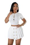 White Knitted Sweaters Sexy Tops Pleated Short Sets