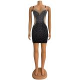 Black Sleeveless Straps Rhinestones Sexy Party Mini Dress