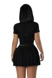 Black Knitted Sweaters Sexy Tops Pleated Short Sets